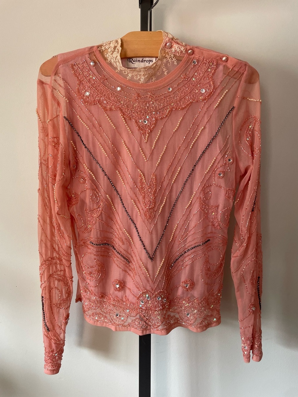 90s Vintage Raindrops Beaded Sequin Lace Mesh Pearl Embellished Blouse Top Pink